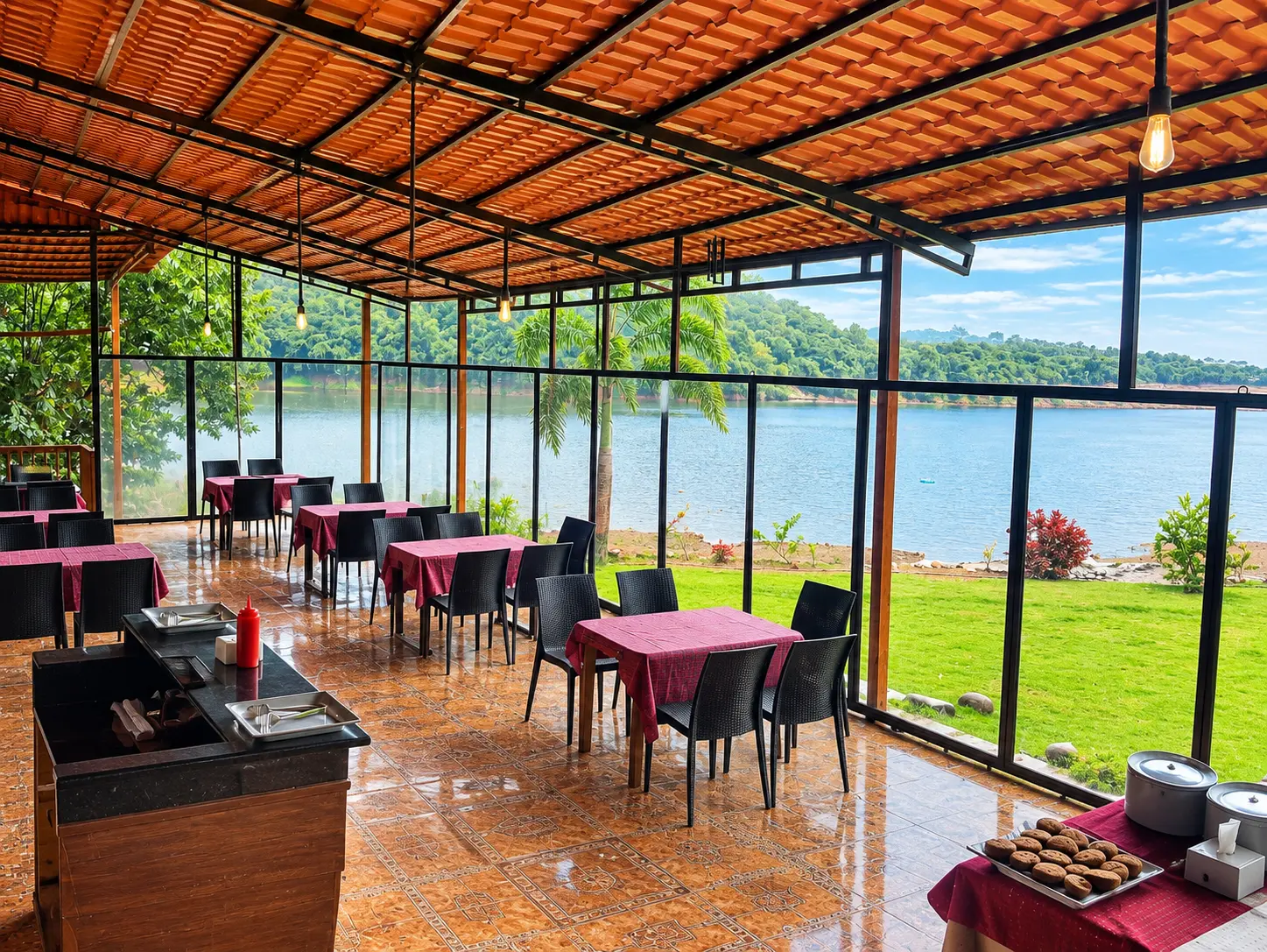 Dining area at Viva Andur lake view farmhouse